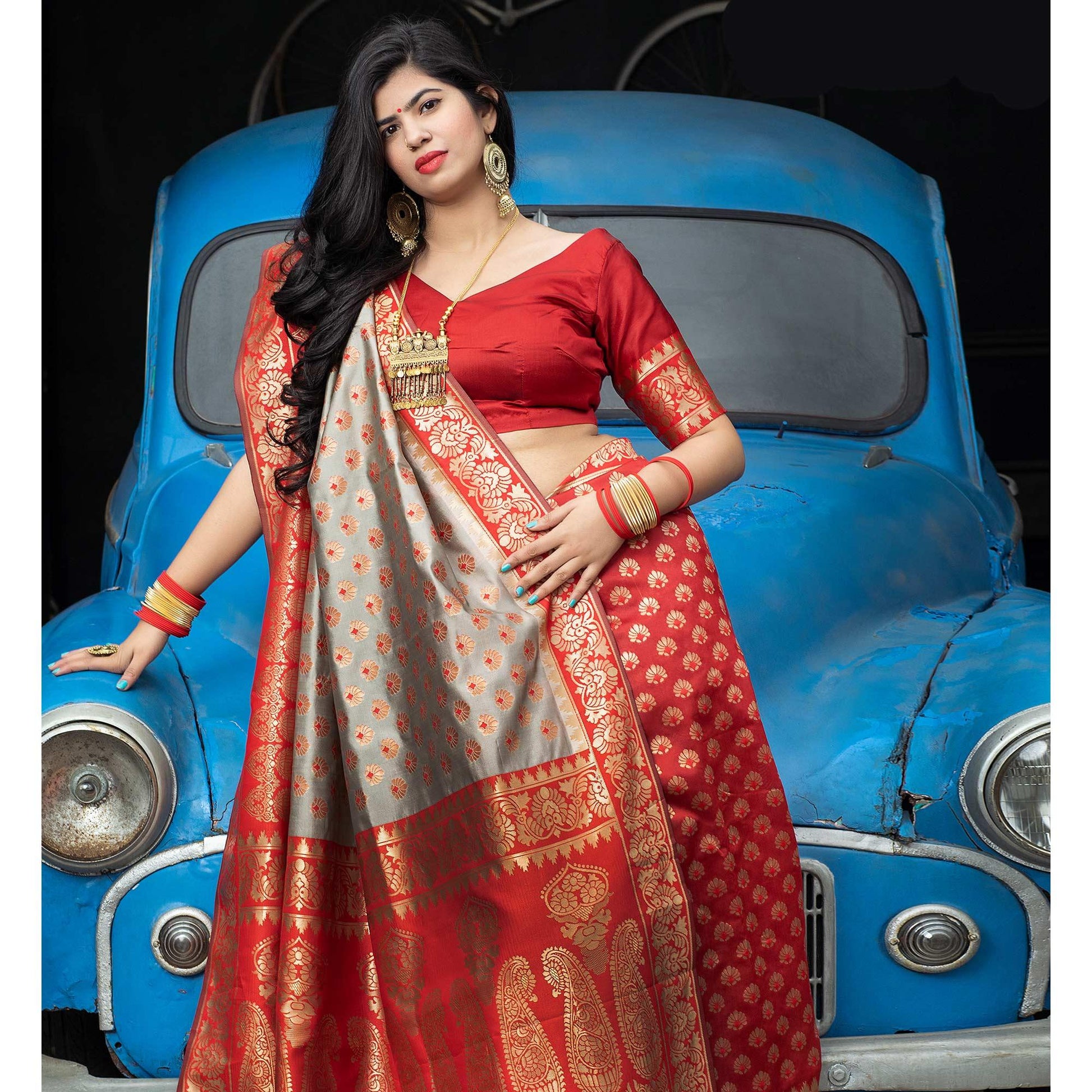 Flamboyant Grey - Red Colored Festive Wear Woven Banarasi Silk Saree