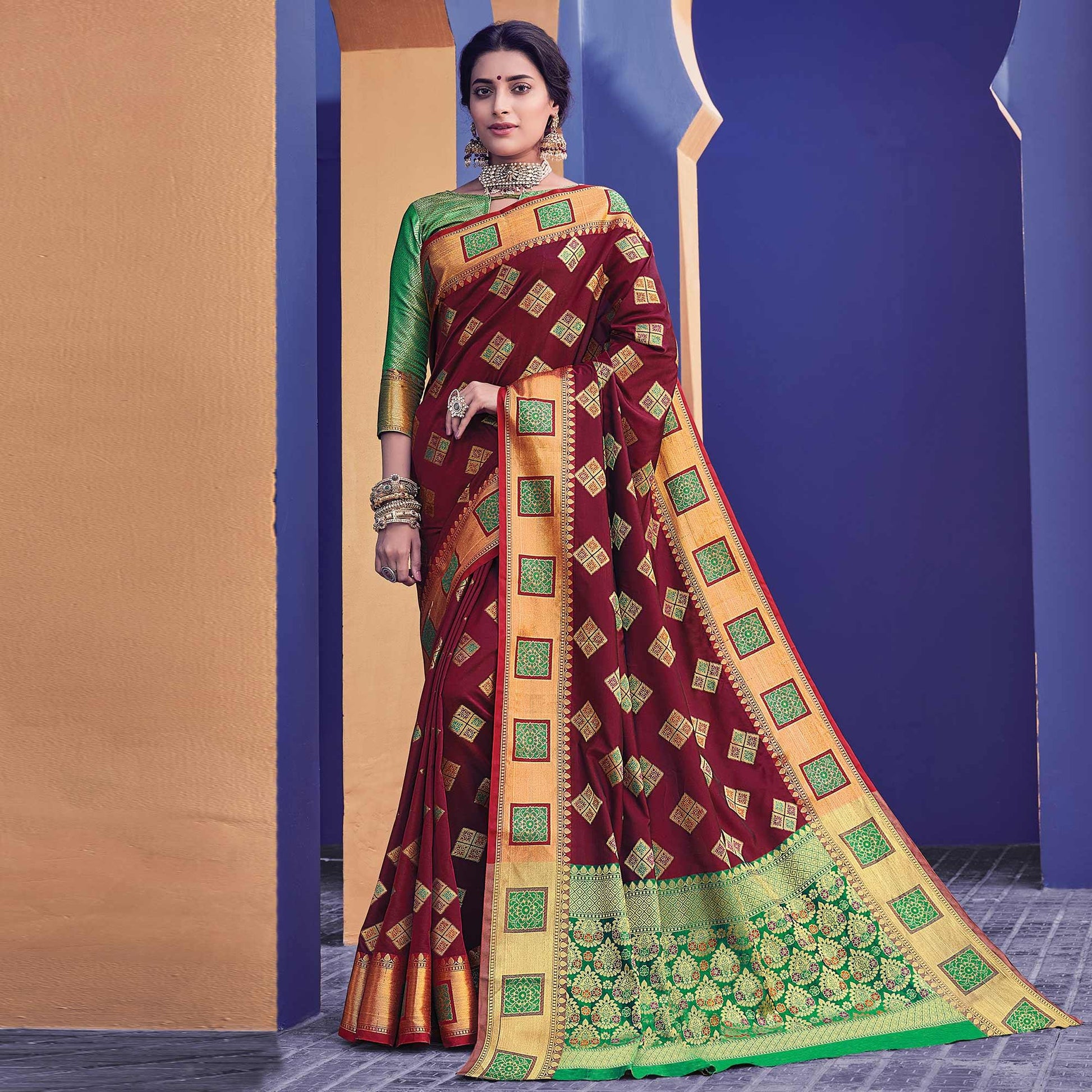 Flamboyant Maroon Colored Festive Wear Woven Heavy Banarasi Silk Saree