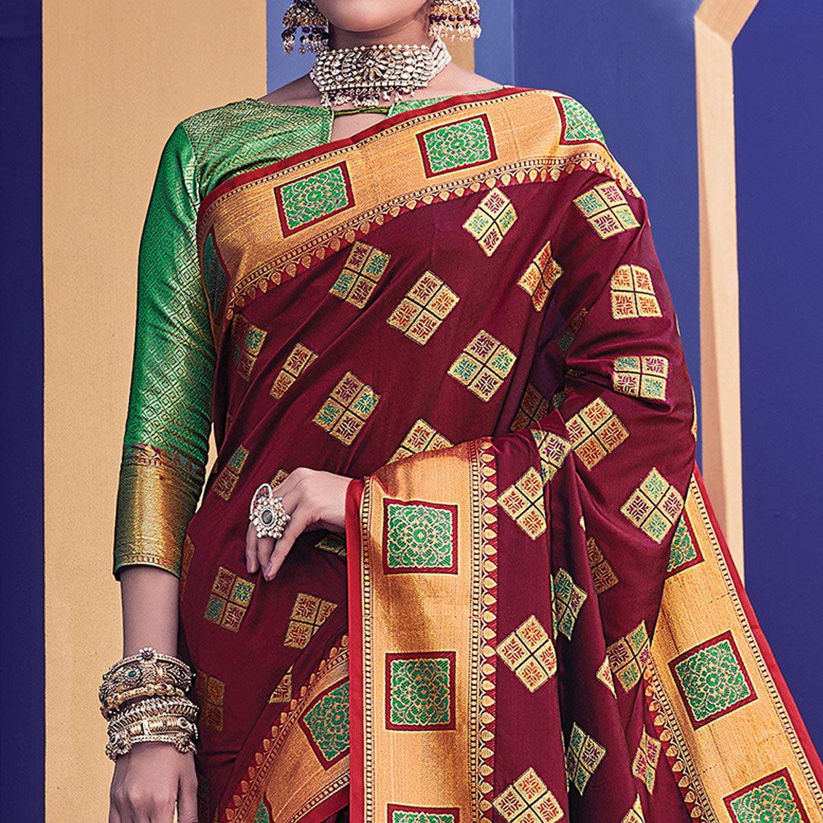 Flamboyant Maroon Colored Festive Wear Woven Heavy Banarasi Silk Saree