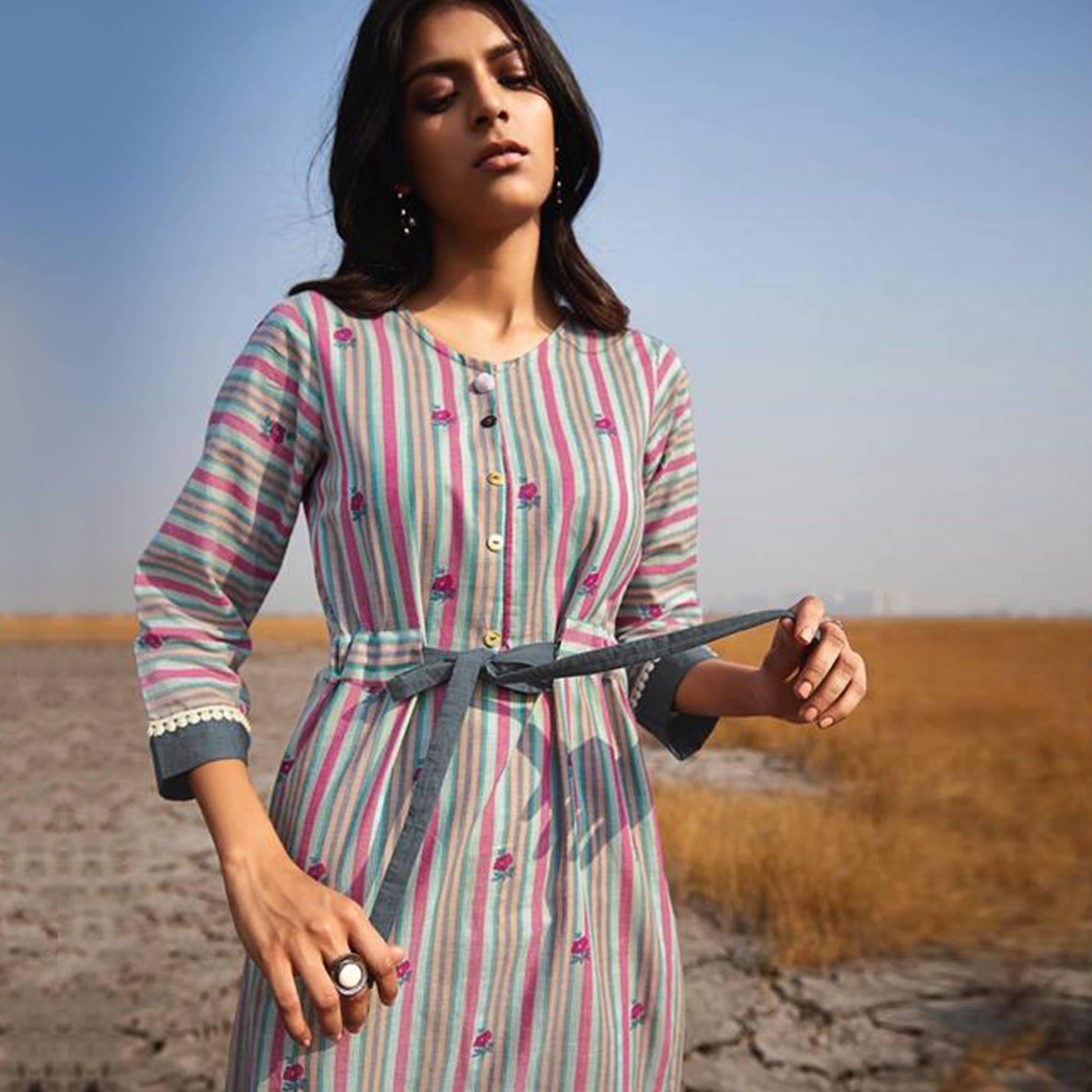 Flamboyant Multi Colored Casual Printed Cotton Kurti-Bottom Set