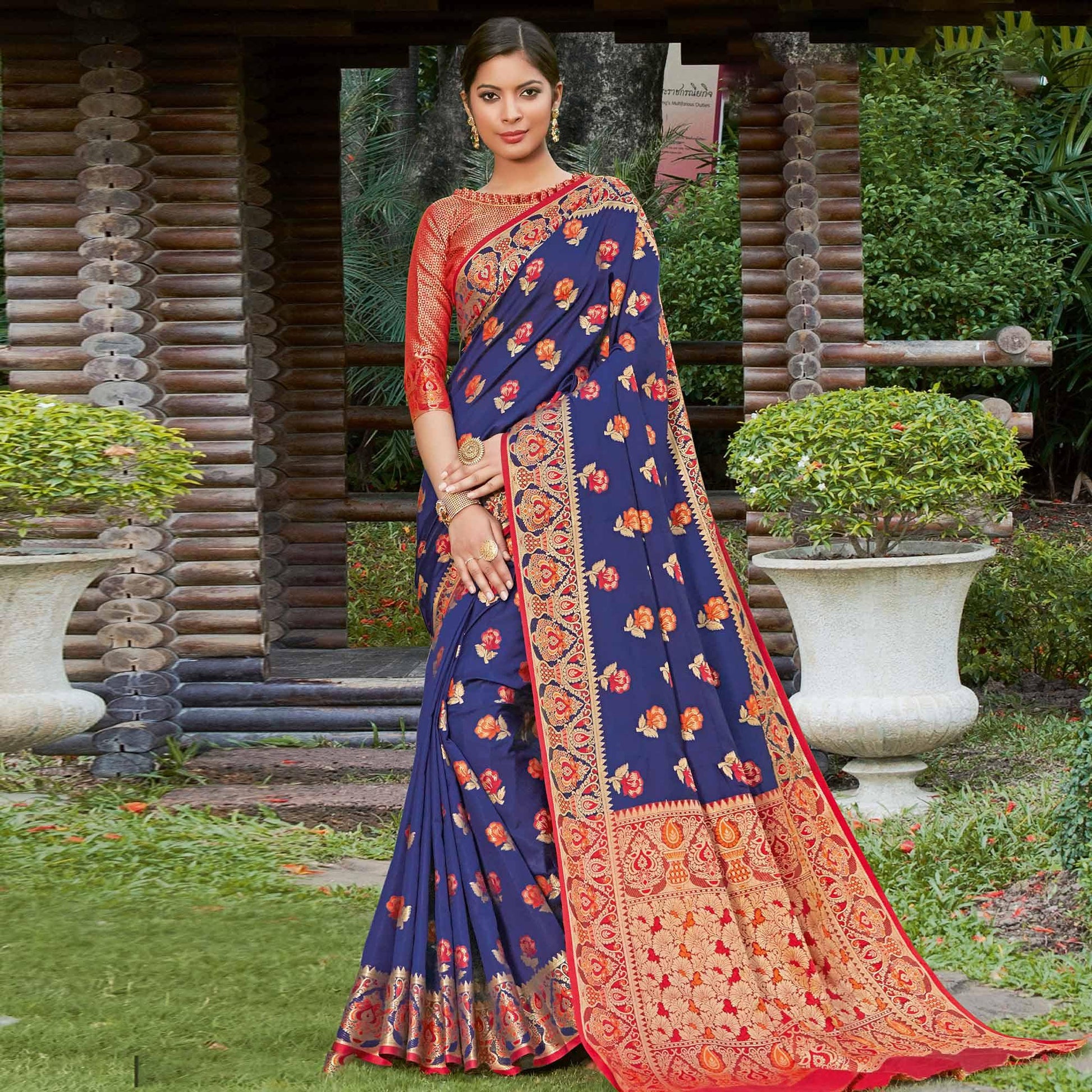 Flamboyant Navy Blue Colored Festive Wear Woven Heavy Banarasi Silk Sareee