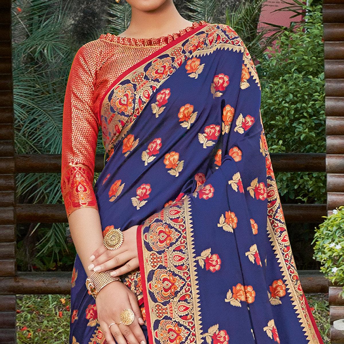 Flamboyant Navy Blue Colored Festive Wear Woven Heavy Banarasi Silk Sareee