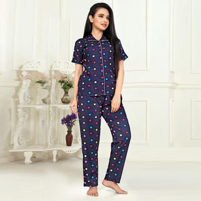 Flamboyant Navy Blue Colored Printed Cotton Rayon Night Suit