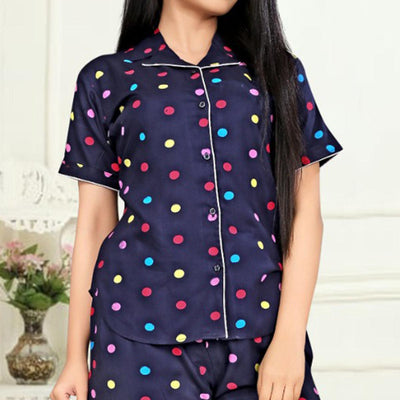 Flamboyant Navy Blue Colored Printed Cotton Rayon Night Suit