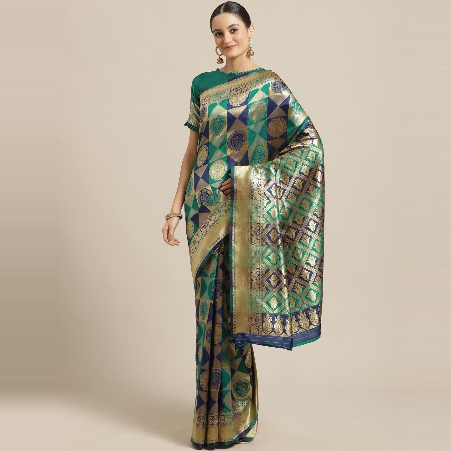 Flamboyant Navy Blue - Teal Green Colored Festive Wear Woven Silk Blend Saree