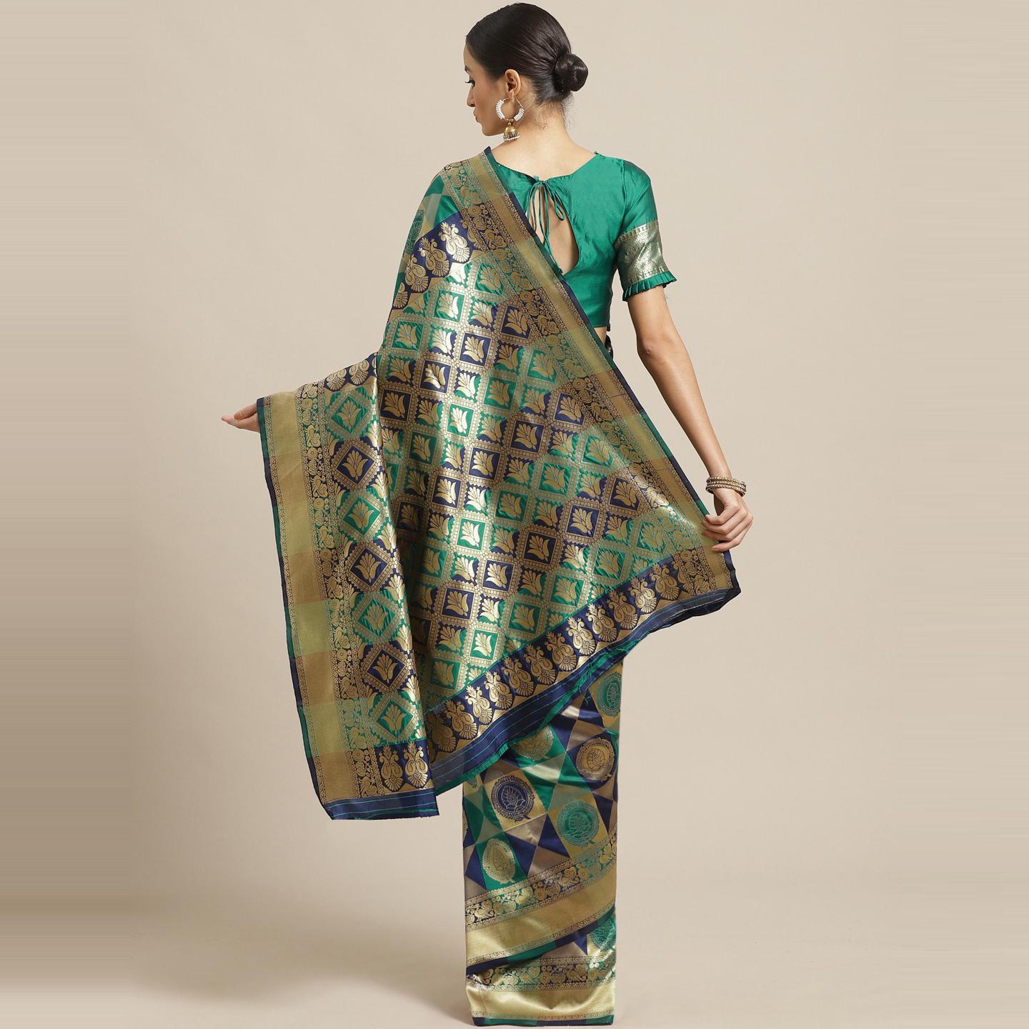 Flamboyant Navy Blue - Teal Green Colored Festive Wear Woven Silk Blend Saree