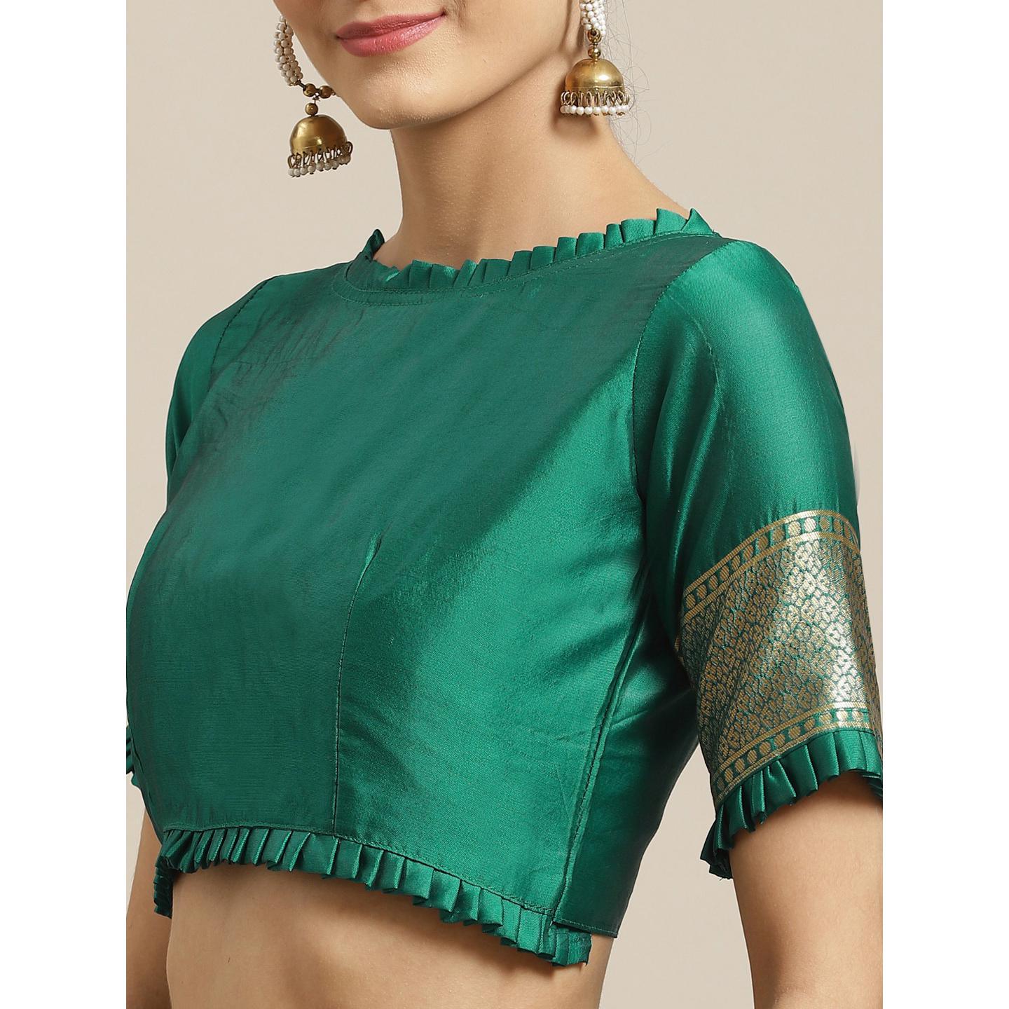 Flamboyant Navy Blue - Teal Green Colored Festive Wear Woven Silk Blend Saree