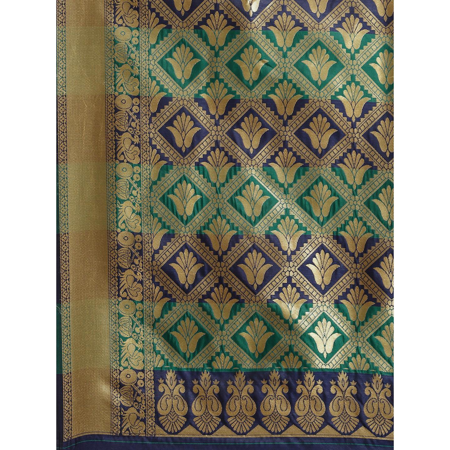 Flamboyant Navy Blue - Teal Green Colored Festive Wear Woven Silk Blend Saree