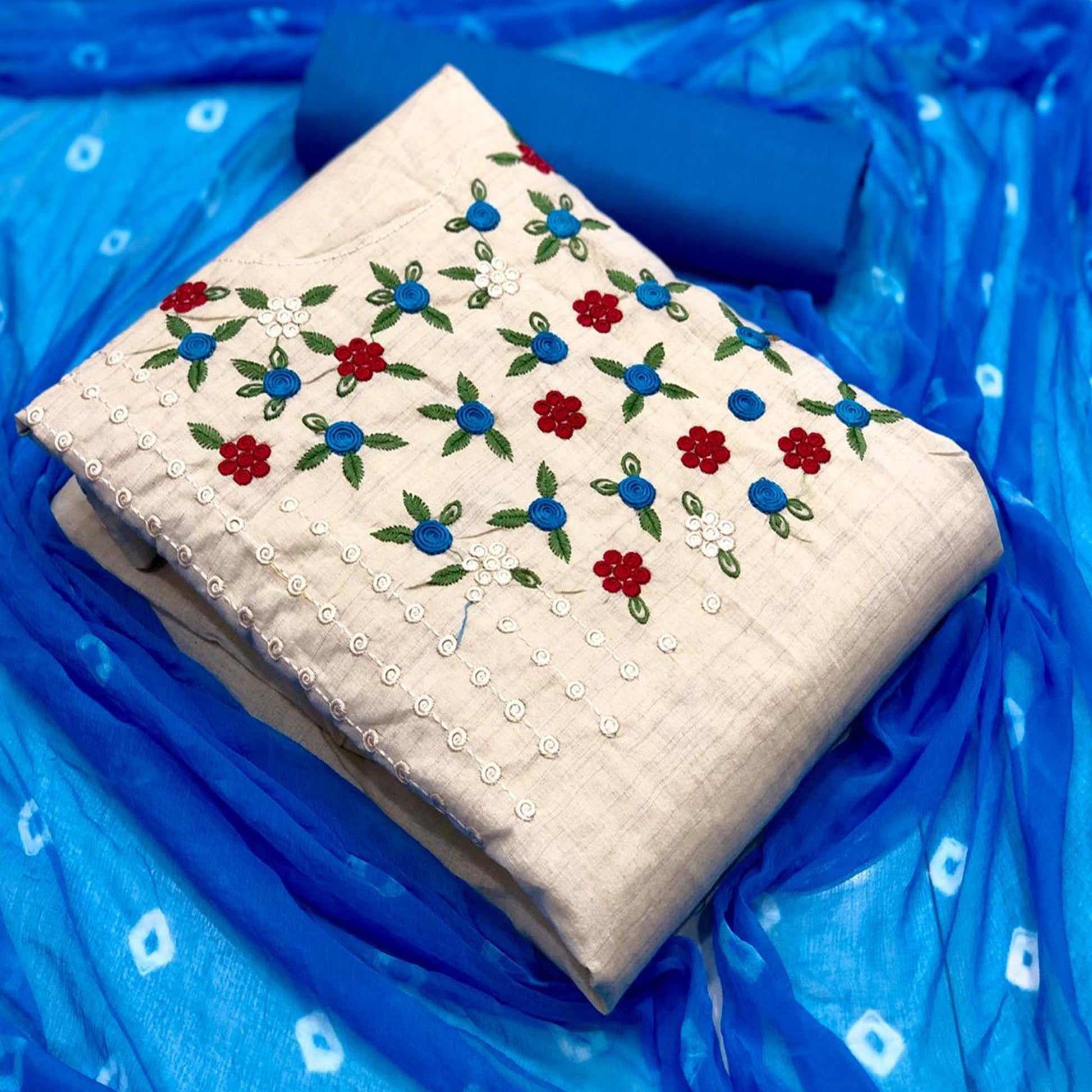 Flamboyant Offwhite - Blue Colored Casual Wear Embroidered Cotton Dress Material
