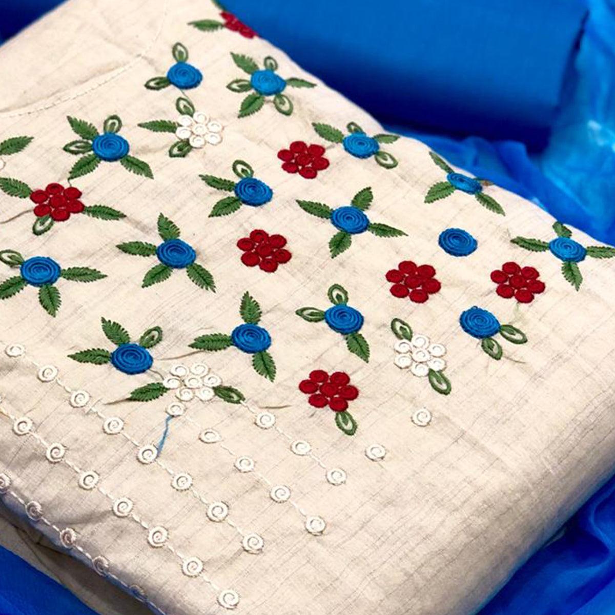Flamboyant Offwhite - Blue Colored Casual Wear Embroidered Cotton Dress Material
