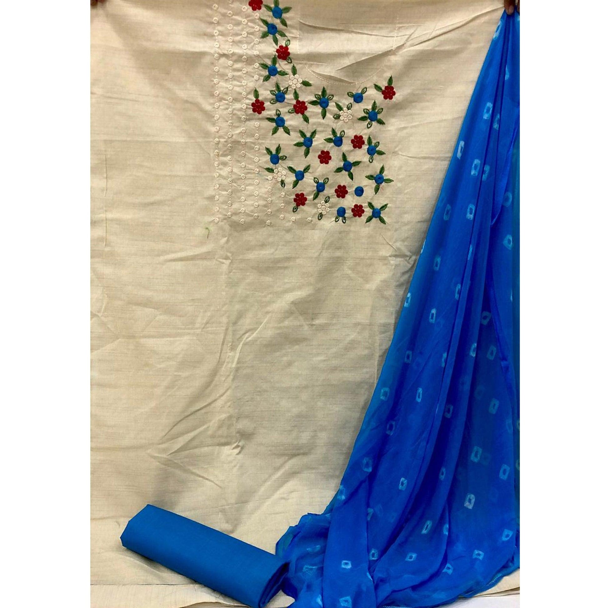 Flamboyant Offwhite - Blue Colored Casual Wear Embroidered Cotton Dress Material