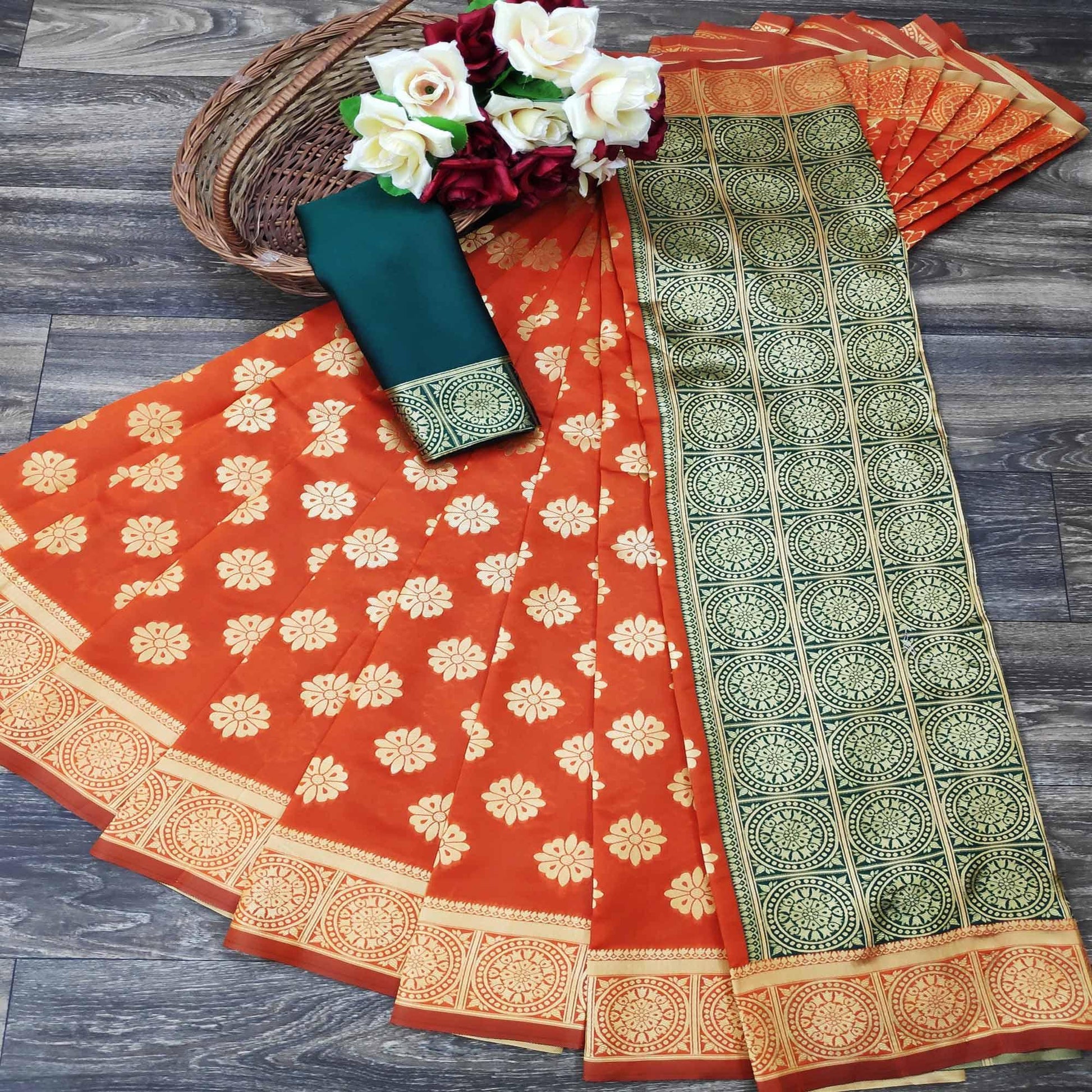 Flamboyant Orange Colored Festive Wear Woven Jacquard Saree