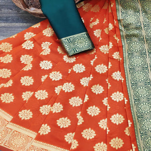 Flamboyant Orange Colored Festive Wear Woven Jacquard Saree