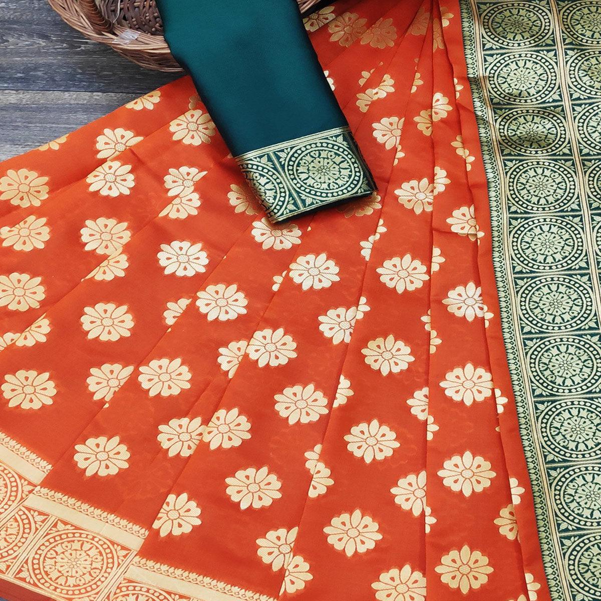 Flamboyant Orange Colored Festive Wear Woven Jacquard Saree