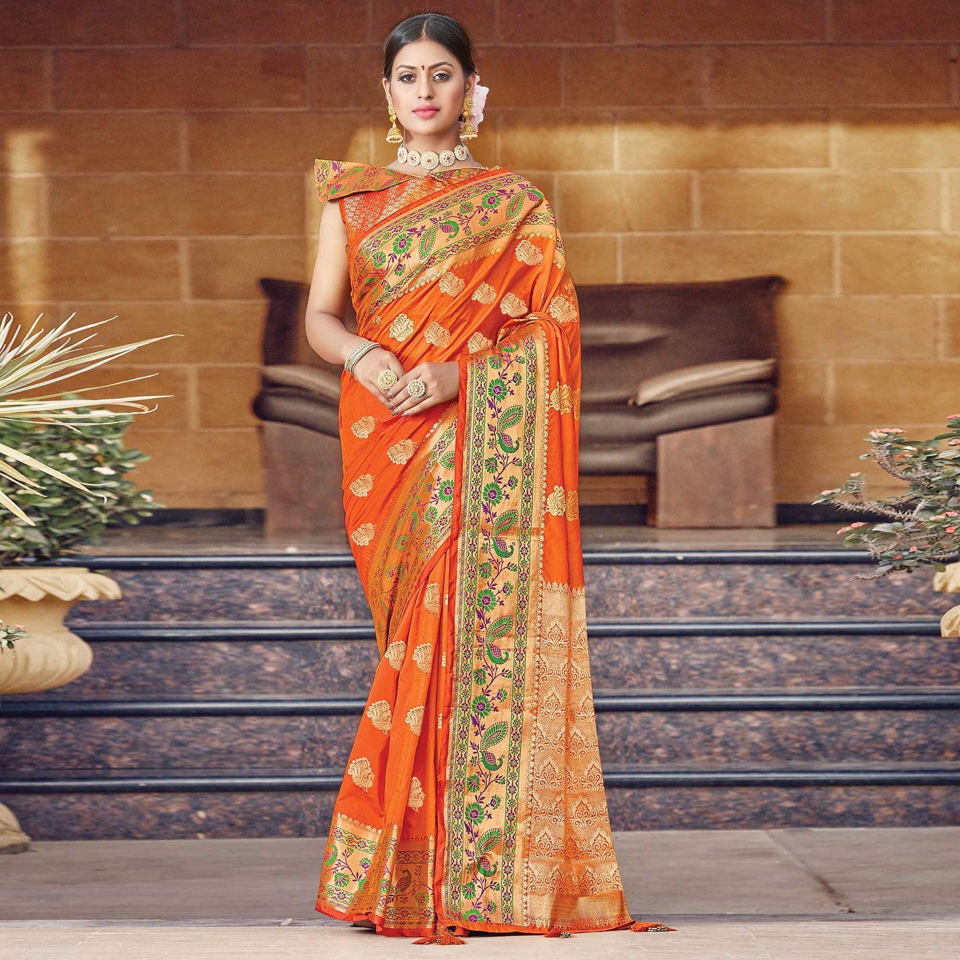 Flamboyant Orange Colored Festive Wear Woven Silk Saree