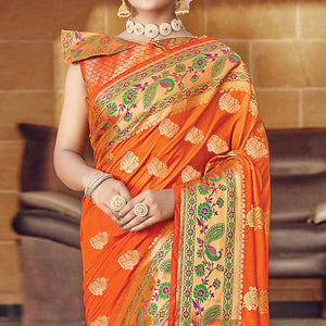 Flamboyant Orange Colored Festive Wear Woven Silk Saree
