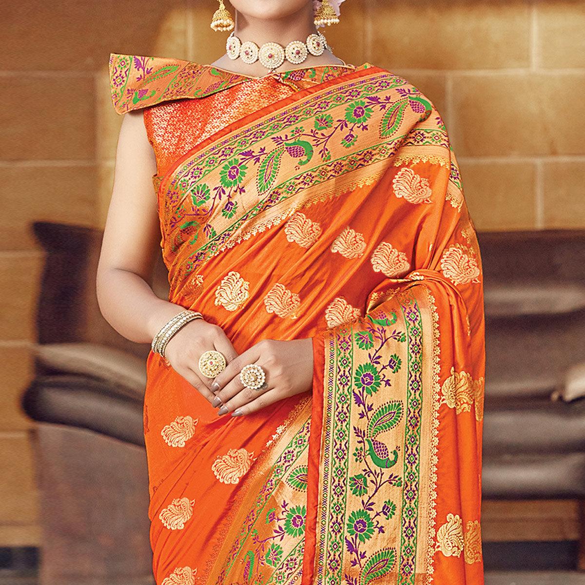 Flamboyant Orange Colored Festive Wear Woven Silk Saree