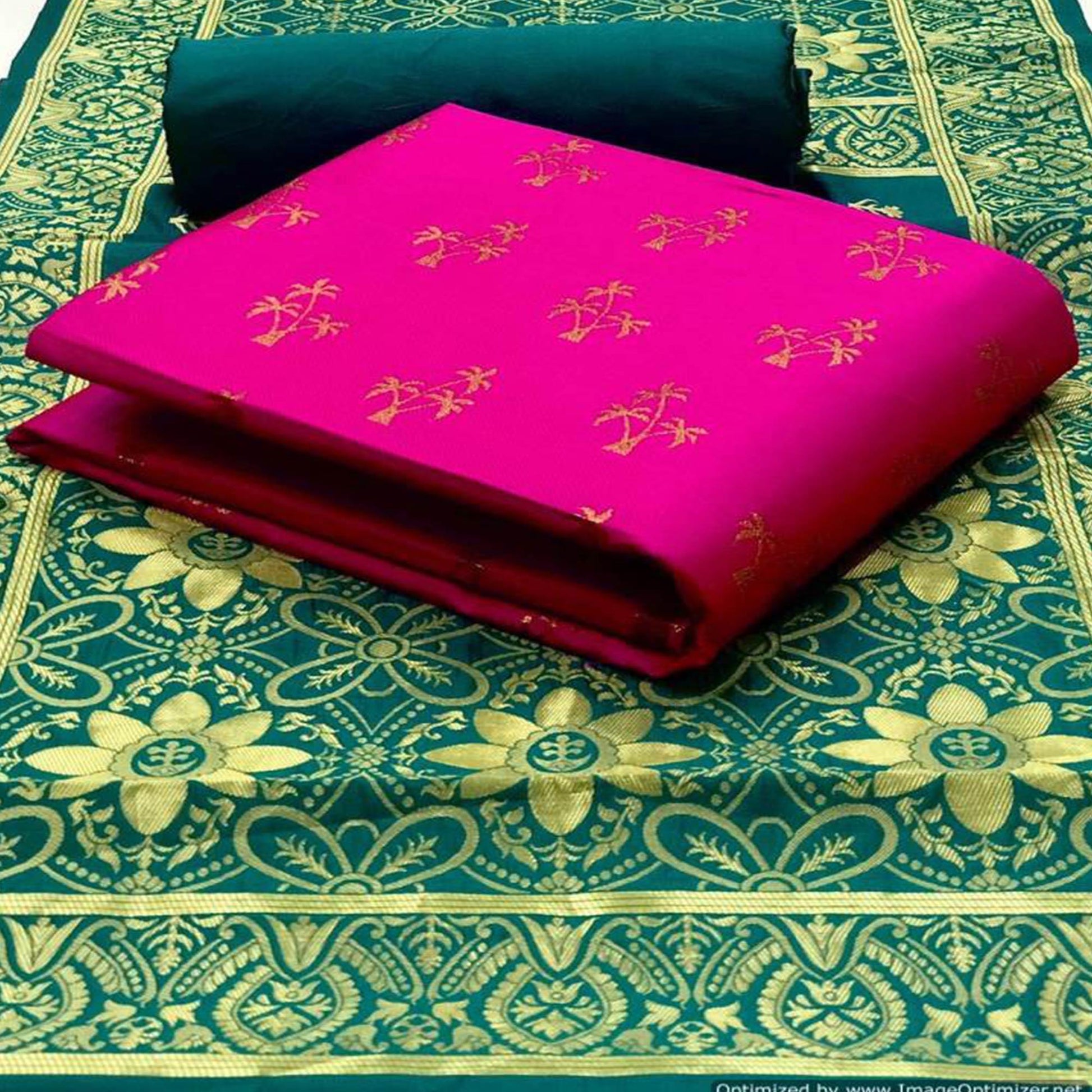 Flamboyant Pink Colored Casual Wear Banarasi Silk Dress Material