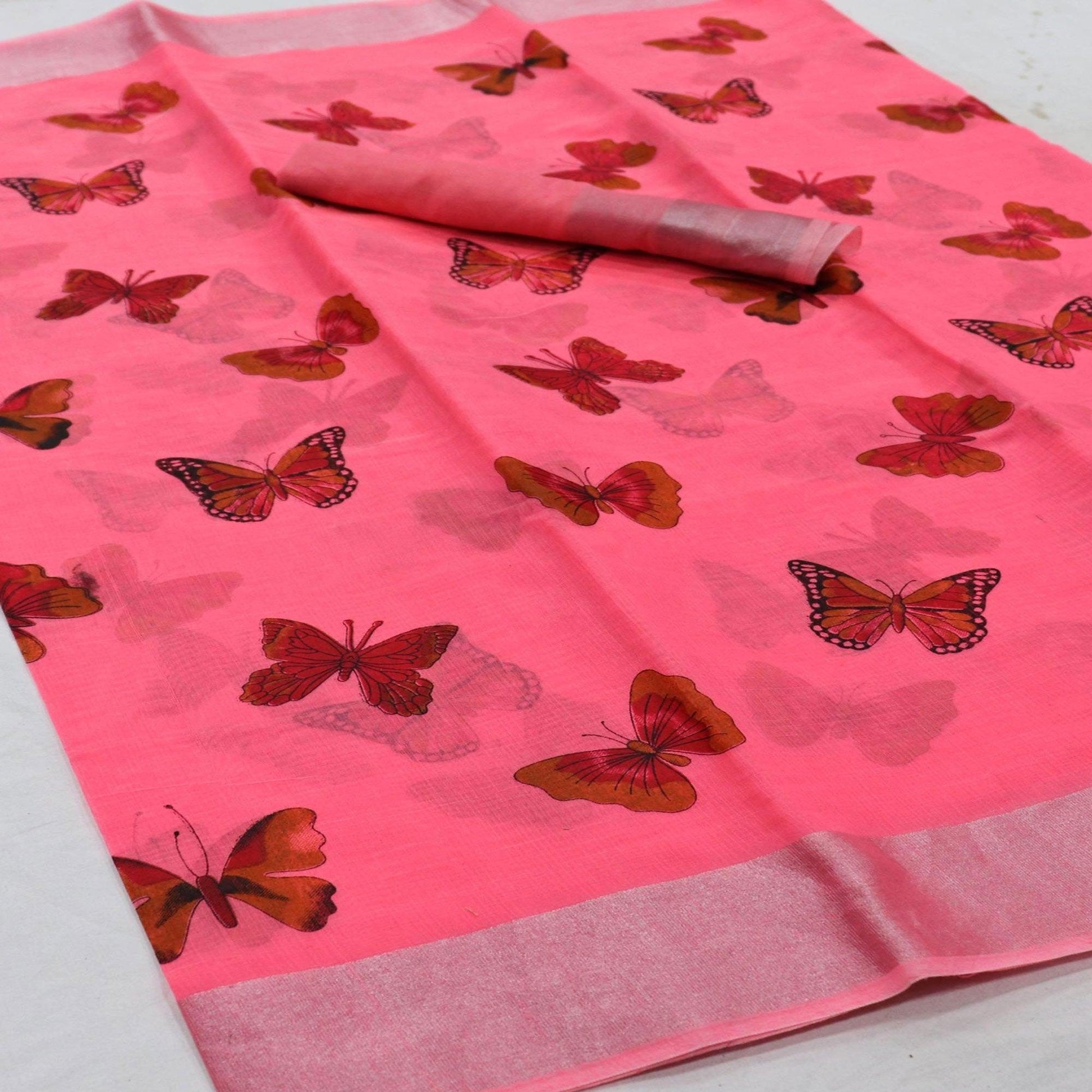 Flamboyant Pink Colored Casual Wear Butterfly Block Printed Cotton Linen Saree