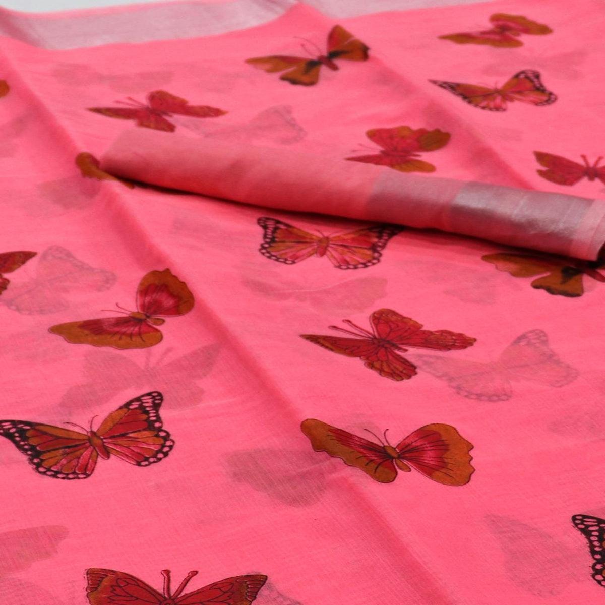 Flamboyant Pink Colored Casual Wear Butterfly Block Printed Cotton Linen Saree