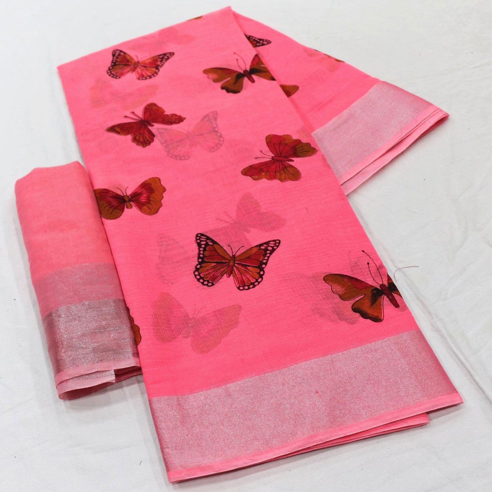 Flamboyant Pink Colored Casual Wear Butterfly Block Printed Cotton Linen Saree