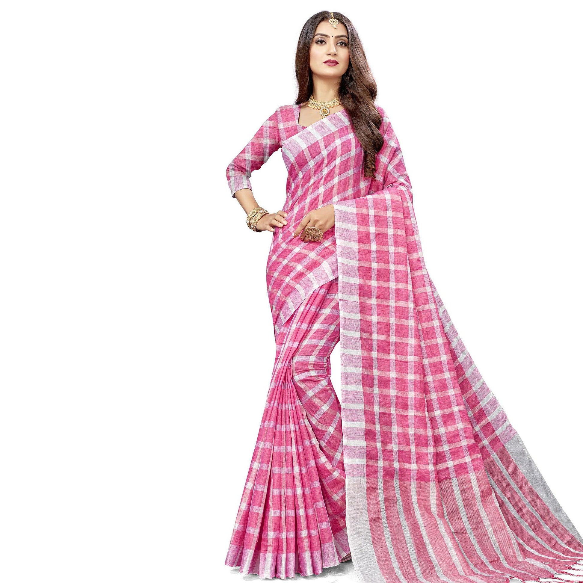 Flamboyant Pink Colored Fesive Wear Checks Print Cotton Silk Saree With Tassels