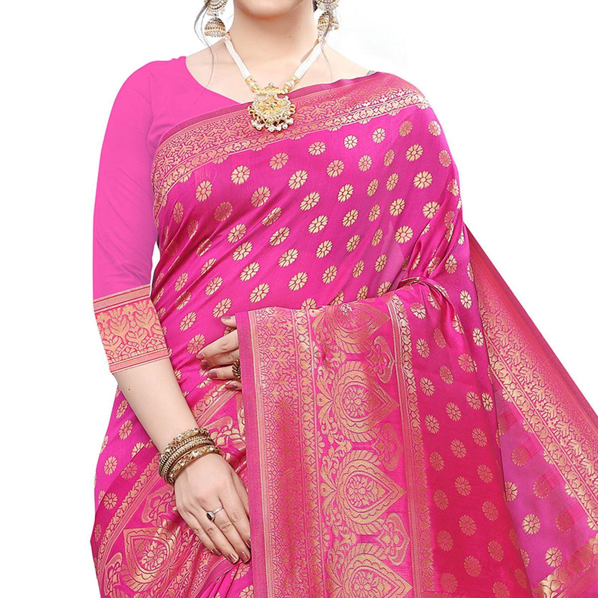 Flamboyant Pink Colored Festive Wear Woven Art Silk Saree
