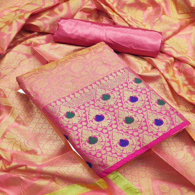 Flamboyant Pink Colored Festive Wear Woven Heavy Banarasi Silk Dress Material