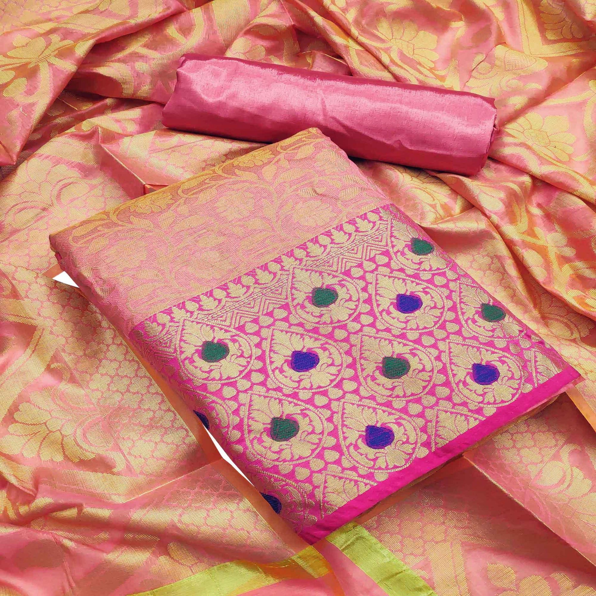 Flamboyant Pink Colored Festive Wear Woven Heavy Banarasi Silk Dress Material