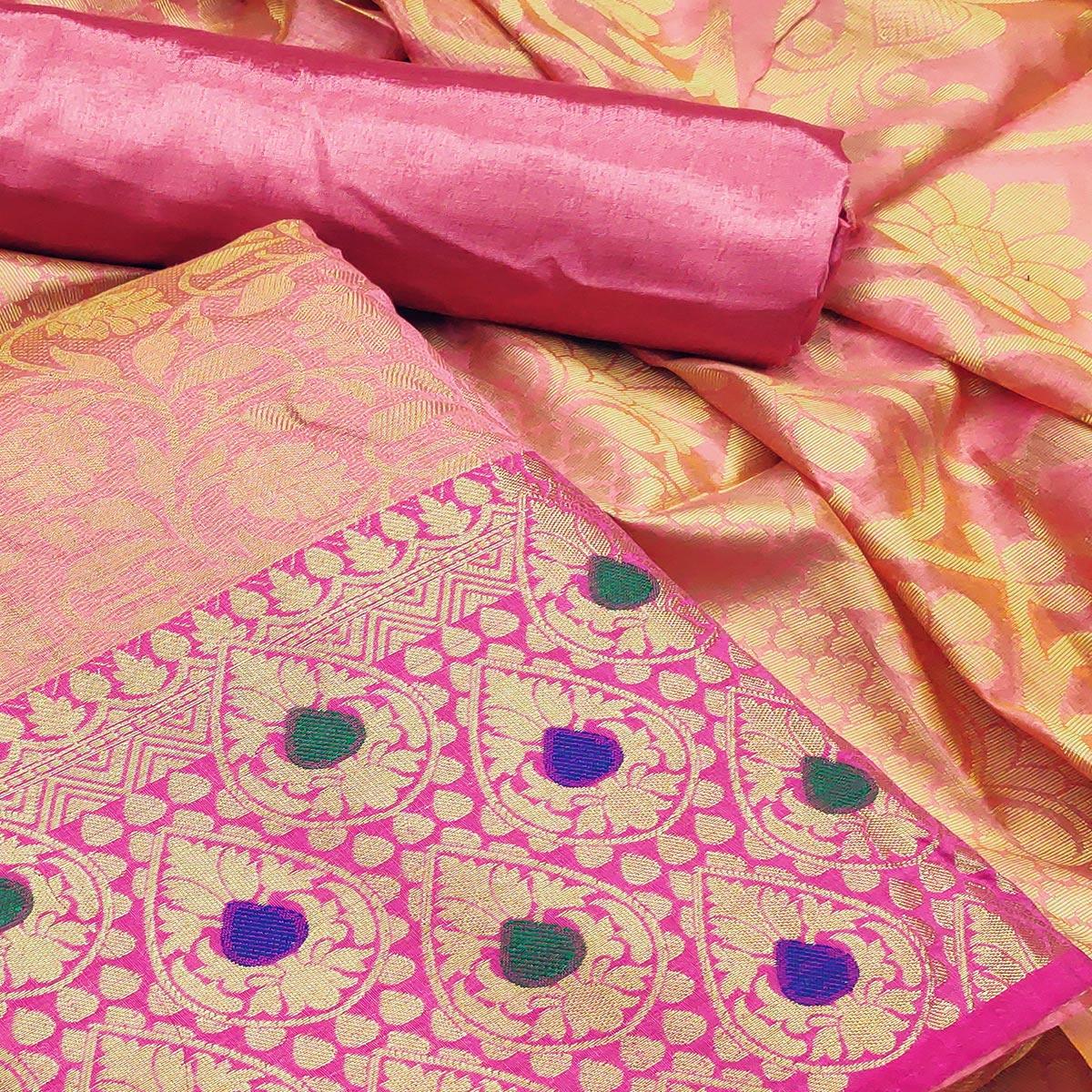 Flamboyant Pink Colored Festive Wear Woven Heavy Banarasi Silk Dress Material
