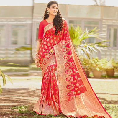 Flamboyant Pink Colored Festive Wear Woven Silk Saree
