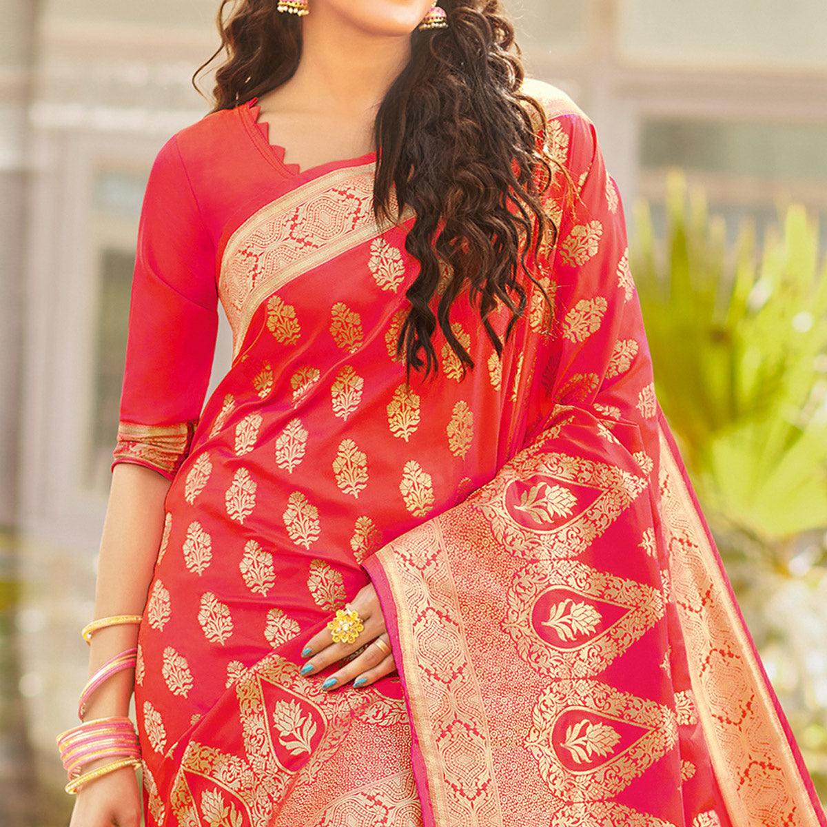 Flamboyant Pink Colored Festive Wear Woven Silk Saree