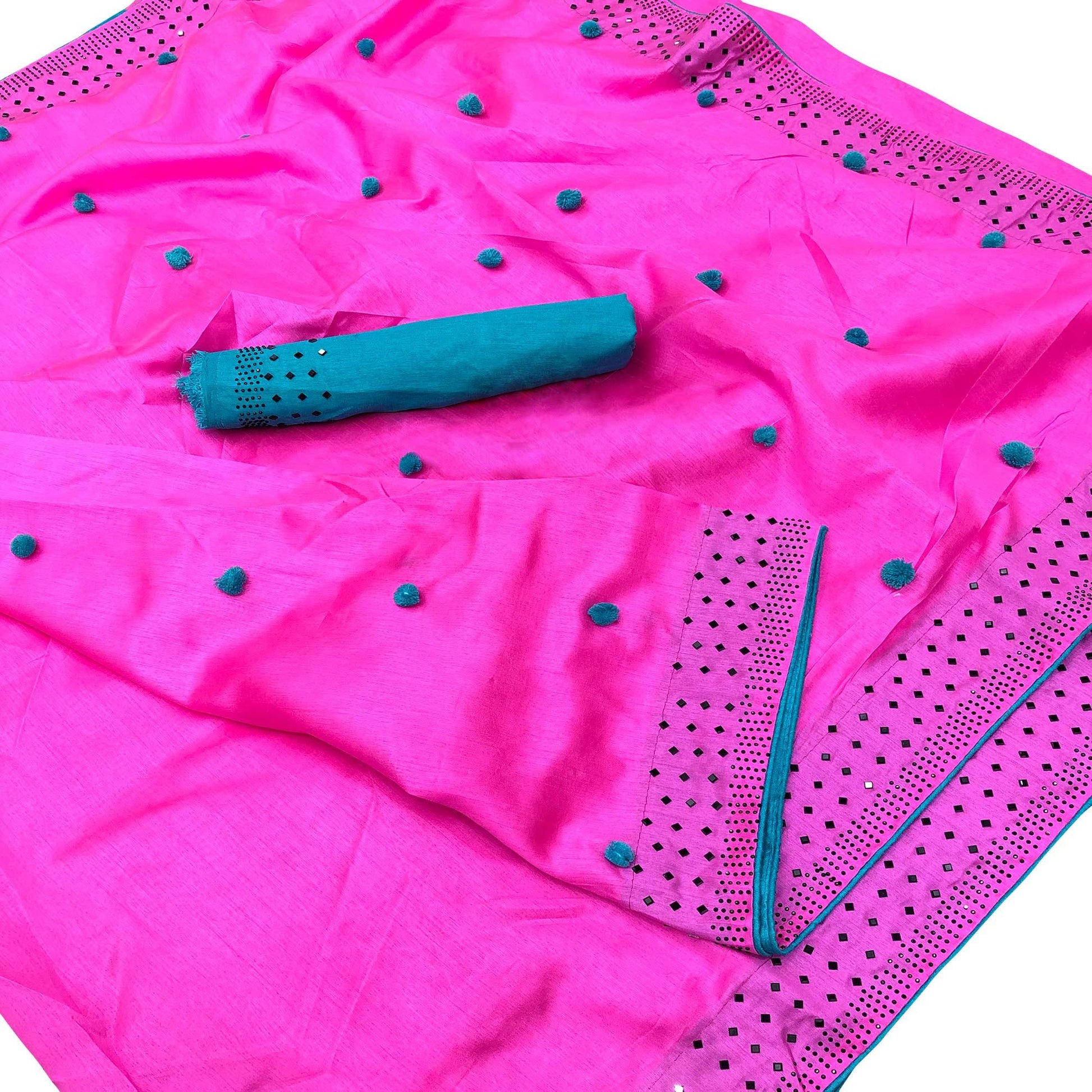 Flamboyant Pink Colored Partywear Embroidered Art Silk Saree