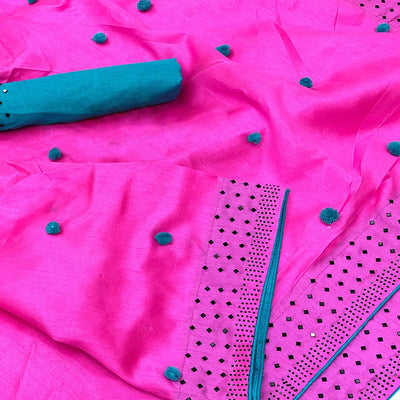 Flamboyant Pink Colored Partywear Embroidered Art Silk Saree