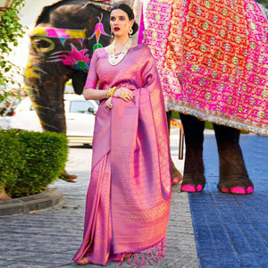 Flamboyant Purple Coloured Festive Wear Woven Silk Saree