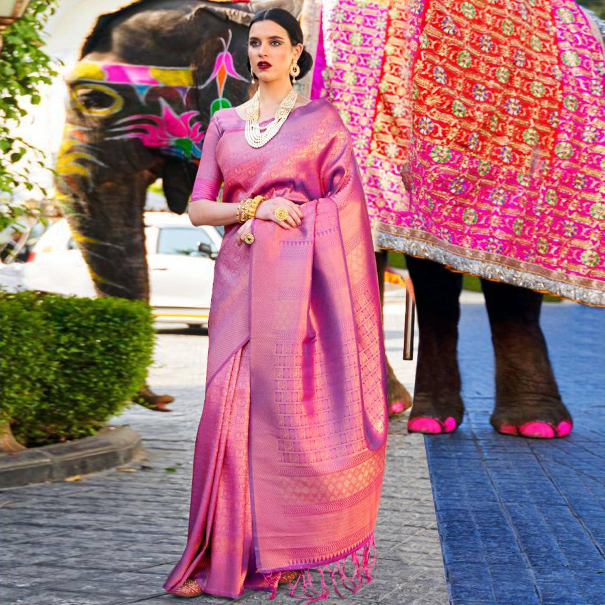 Flamboyant Purple Coloured Festive Wear Woven Silk Saree