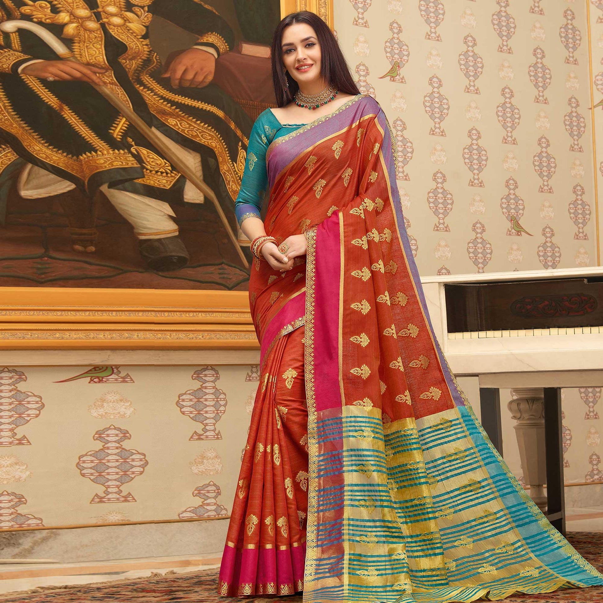 Flamboyant Rust Orange Colored Festive Wear Woven Cotton Handloom Saree