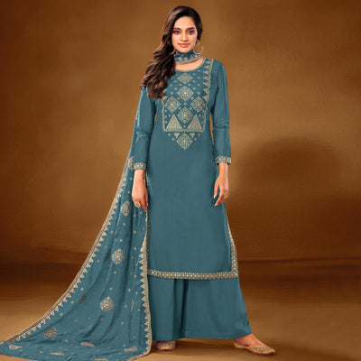 Flamboyant Sky Blue Colored Casual Wear Embroidered Pure Cotton Palazzo Suit