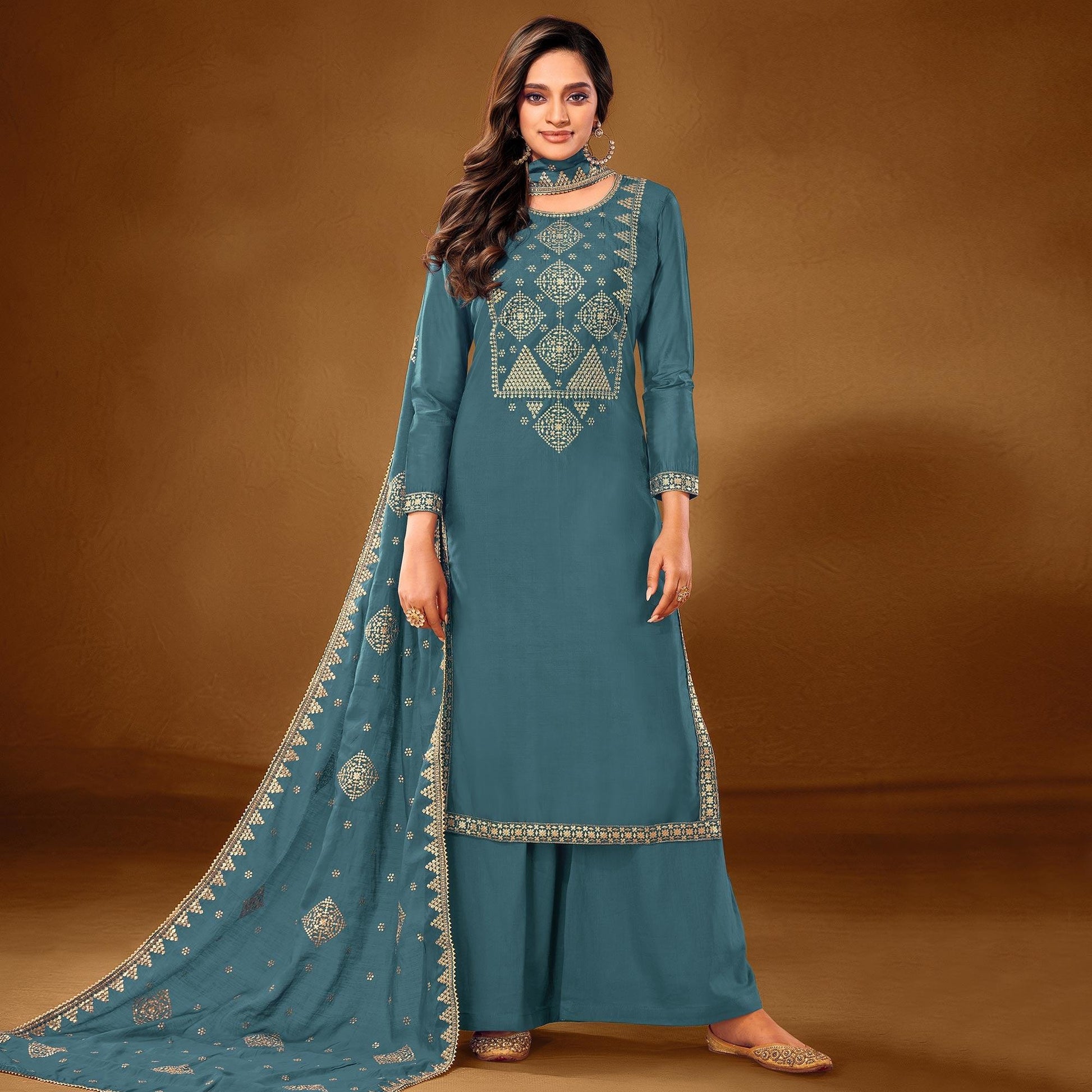 Flamboyant Sky Blue Colored Casual Wear Embroidered Pure Cotton Palazzo Suit