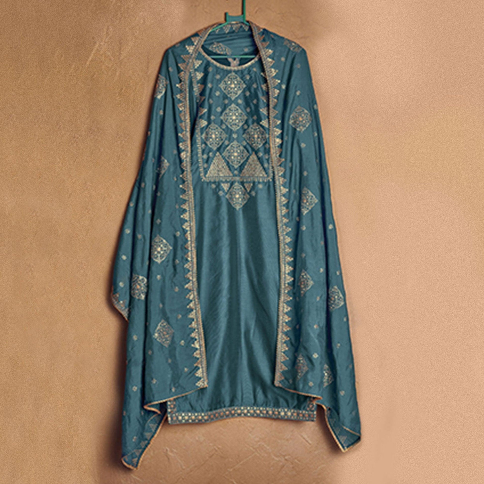 Flamboyant Sky Blue Colored Casual Wear Embroidered Pure Cotton Palazzo Suit