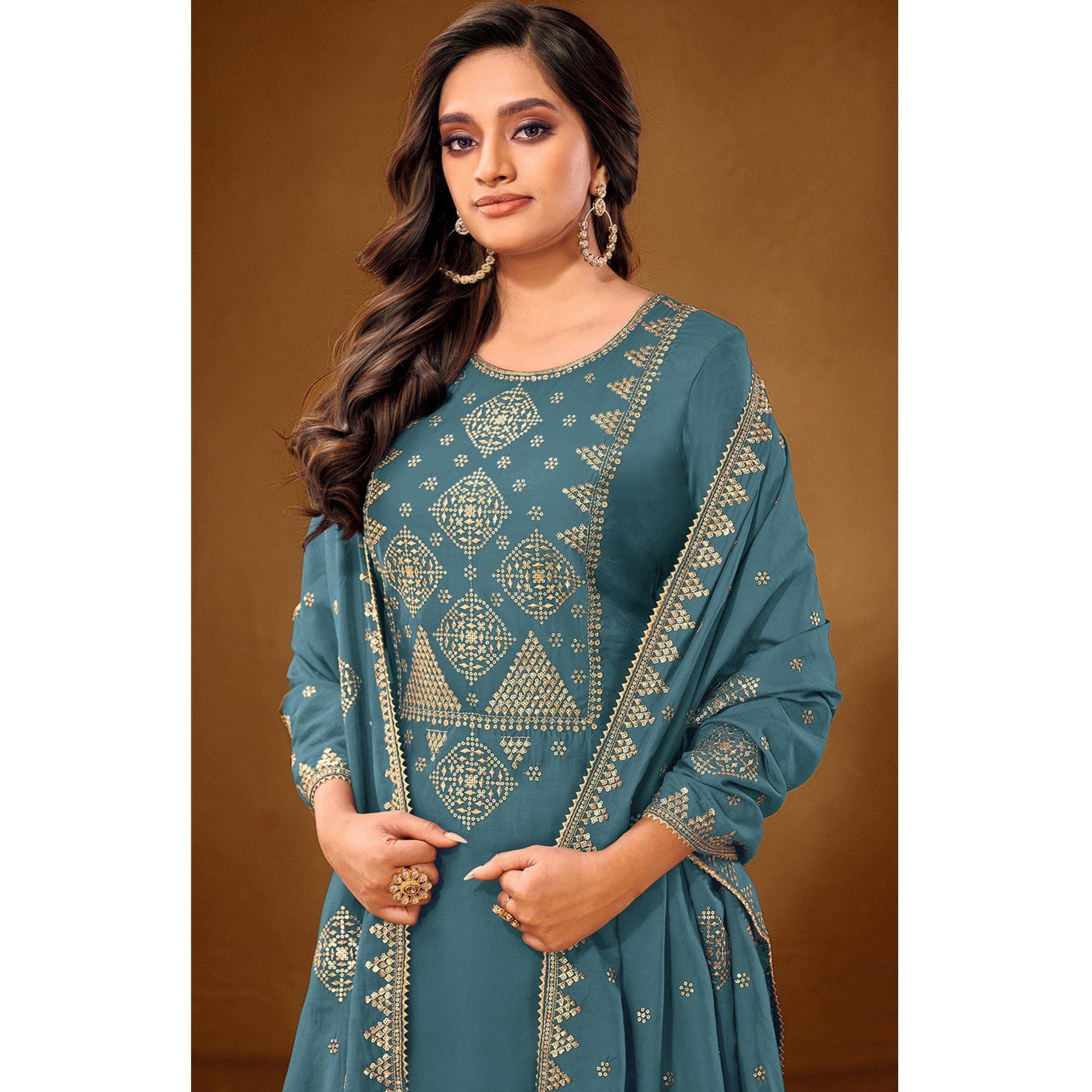 Flamboyant Sky Blue Colored Casual Wear Embroidered Pure Cotton Palazzo Suit
