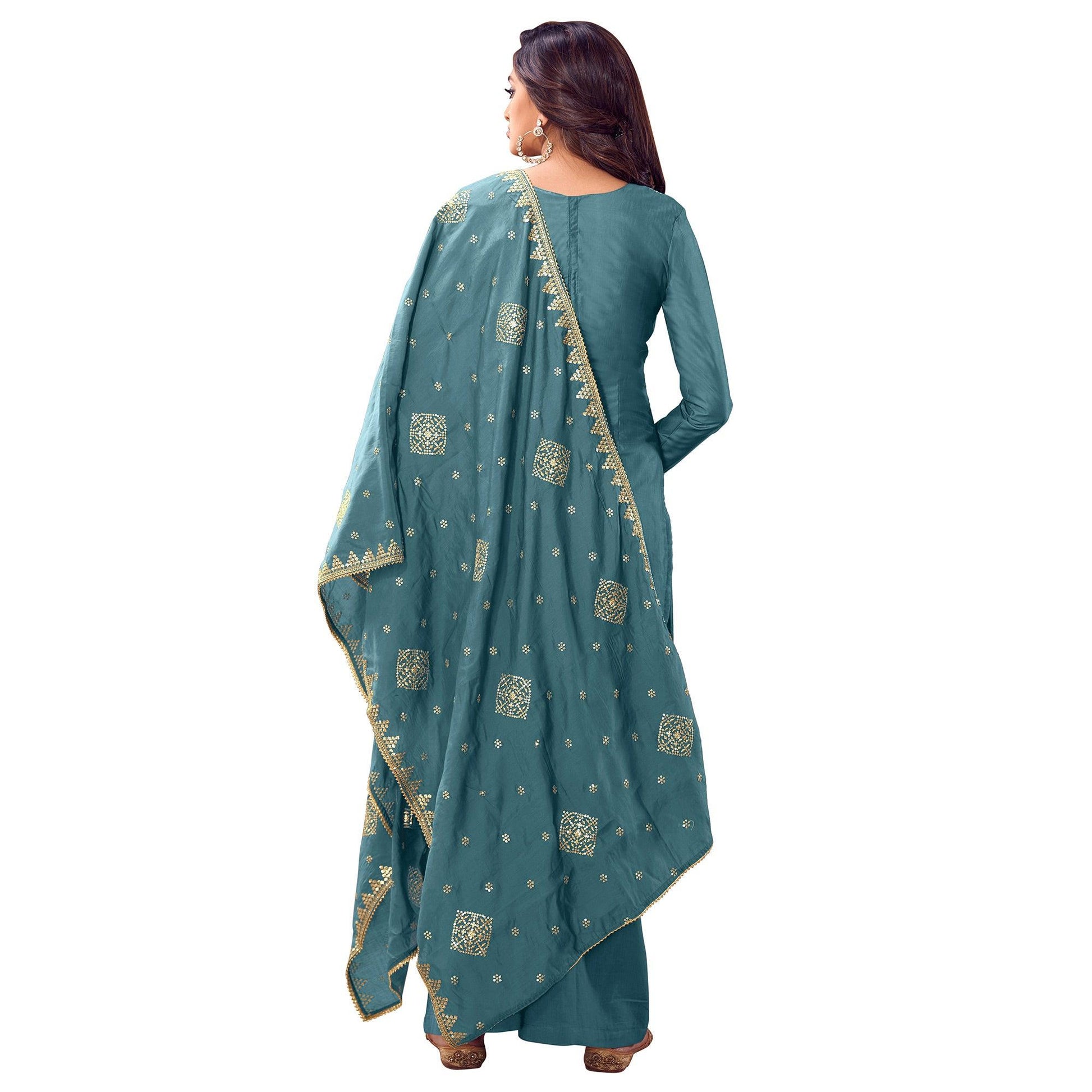 Flamboyant Sky Blue Colored Casual Wear Embroidered Pure Cotton Palazzo Suit