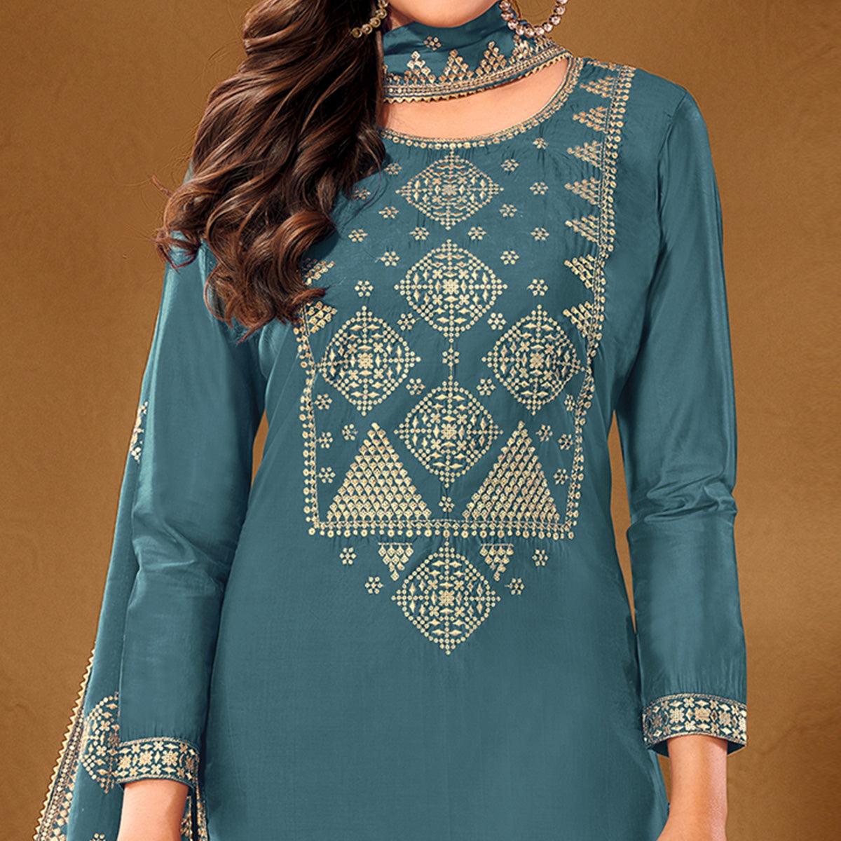 Flamboyant Sky Blue Colored Casual Wear Embroidered Pure Cotton Palazzo Suit