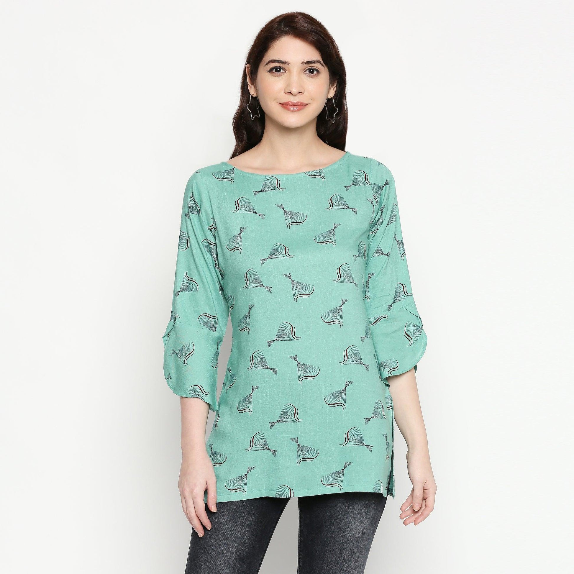 Flamboyant Turquoise Colored Casual Wear Printed Cotton Western Top