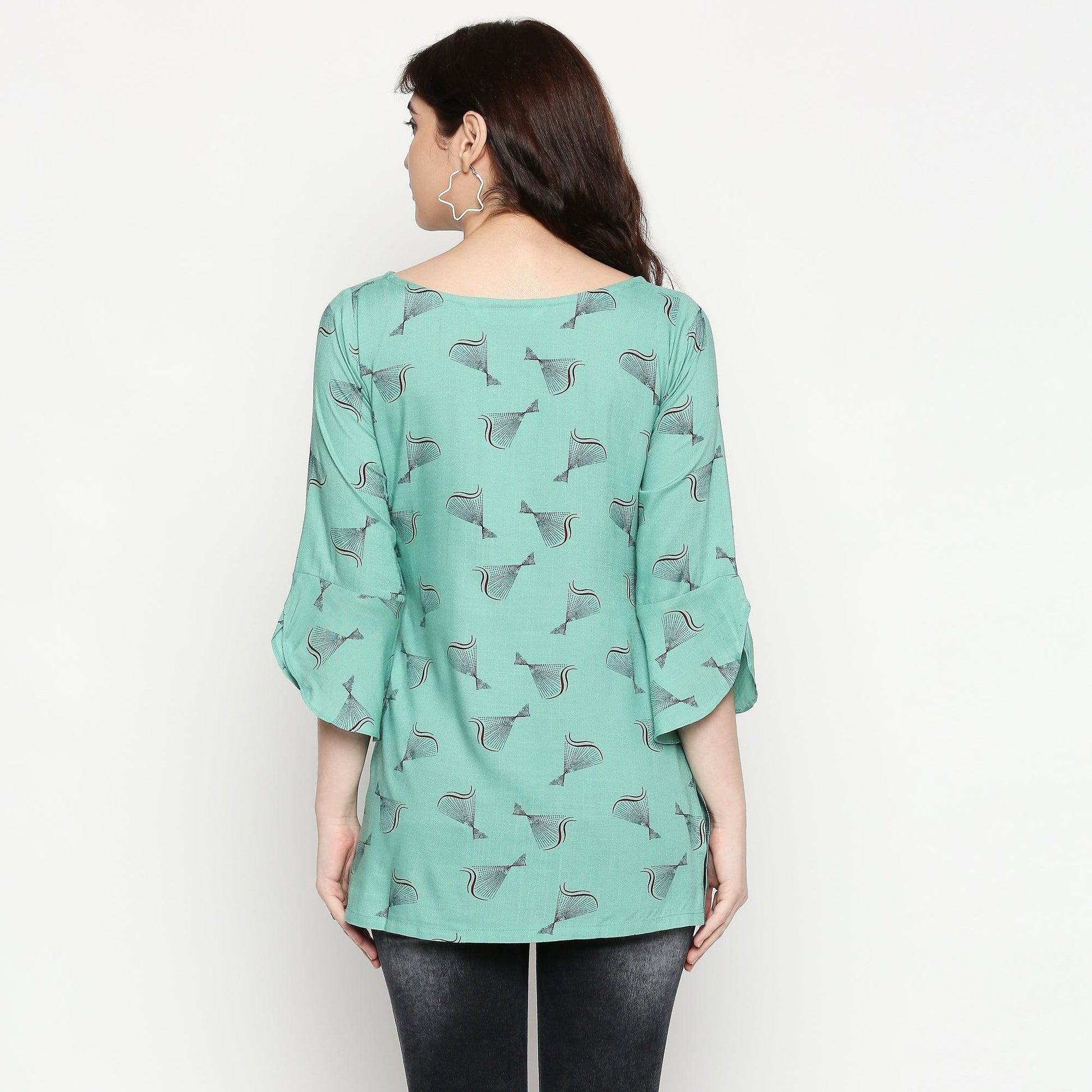 Flamboyant Turquoise Colored Casual Wear Printed Cotton Western Top