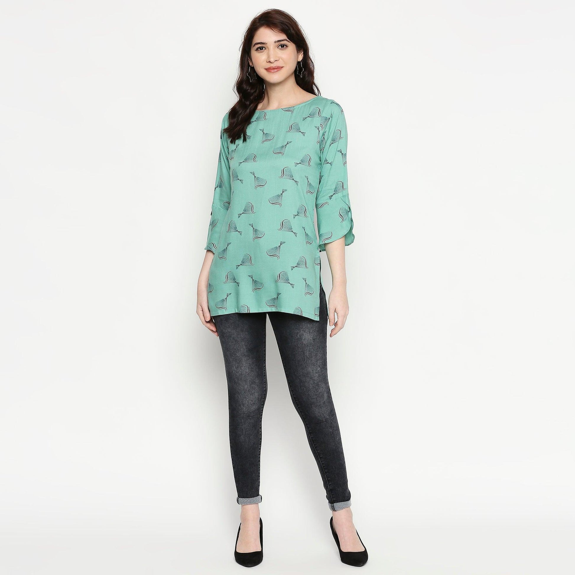 Flamboyant Turquoise Colored Casual Wear Printed Cotton Western Top