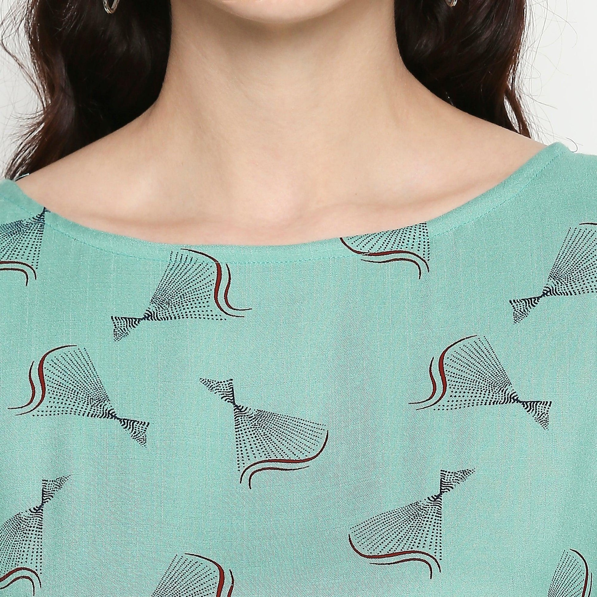 Flamboyant Turquoise Colored Casual Wear Printed Cotton Western Top
