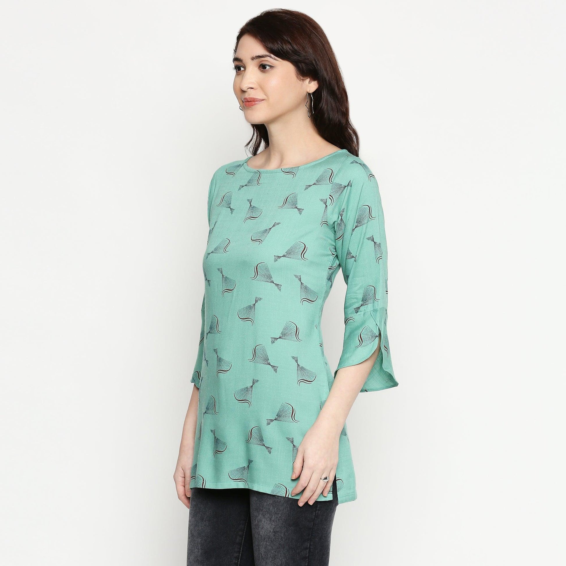 Flamboyant Turquoise Colored Casual Wear Printed Cotton Western Top