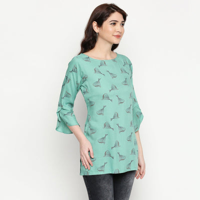 Flamboyant Turquoise Colored Casual Wear Printed Cotton Western Top