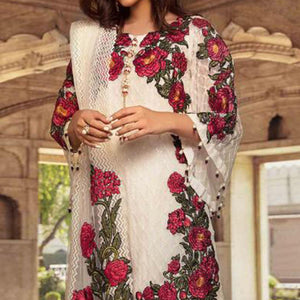 Flamboyant White Colored Partywear Embroidered Georgette Pant Style Suit
